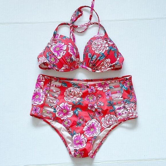 New Shade & Shore Padded Halter Top & High Waist Bottom Red/ Pink Floral 34C/ M - Picture 2 of 6